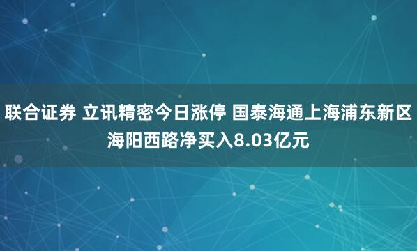 联合证券 立讯精密今日涨停 国泰海通上海浦东新区海阳西路净买入8.03亿元